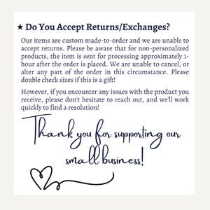 May include: A white background with black text that reads "★ Do You Accept Returns/Exchanges?" followed by a paragraph explaining the shop's return policy. The text concludes with "Thank you for supporting our small business!" and a stylized heart.