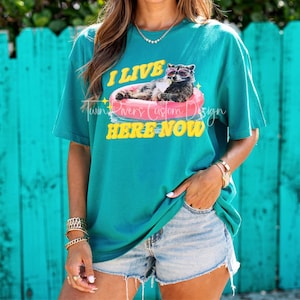 May include: Teal t-shirt with a graphic of a raccoon wearing sunglasses floating on a pink inflatable ring. The text "I LIVE HERE NOW" is in yellow. The shirt is worn with denim shorts.