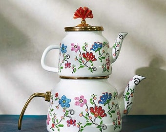 Kreuzstich-Emaille-Teekanne, Vintage-Blumen-Emaille-Teekannen-Set, Vintage-Teekanne, türkische Teekanne, Emaille-Teebereiter