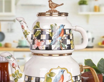 Paradise Bird Enamel Teapot, Vintage Enamel Teapot Set, Vintage Teapot, Turkish Teapot, Enamel Tea Maker