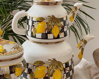 Limoncello White Enamel Teapot, Blue White Enamel Teapot Set, Enamel Teapot, Turkish Teapot, Enamel Tea Maker
