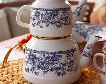 Vintage Blau Weiß Emaille Teekanne, Blau Weiß Emaille Teekanne Set, Emaille Teekanne, türkische Teekanne, Emaille Teekocher