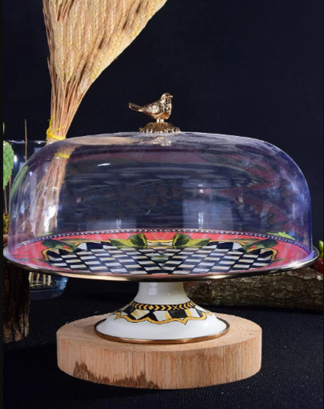 Bird Paradise Enamel Cake Stand, Footed Serving Platter, Checkered Cake