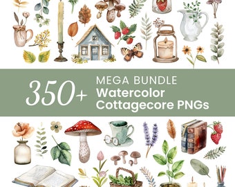 May include: A collection of over 350 watercolor cottagecore PNG images. The images include mushrooms, candles, books, flowers, a cottage, a teapot, a lantern, a basket, and more.