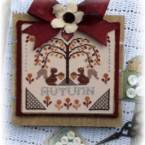Cross Stitch Chart Sheltering Tree Autumn Pattern Squirrels Acorn Tree Fall Harvest Annie Beez Folk Art PDF Digital download chart