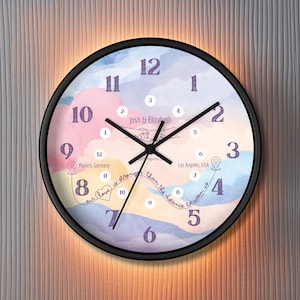 May include: A black and white clock with a watercolor design featuring clouds and the text "Love is stronger than the distance between us". The clock face also includes the names "Josh & Elizabeth" and the cities "Munich, Germany" and "Los Angeles, USA".