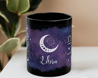 Libra Coffee Mug For Zodiac Sign Gift For Women Watercolor Galaxy Space Black Tea Mug For Libra Constellation Print Astrology Gift For Her