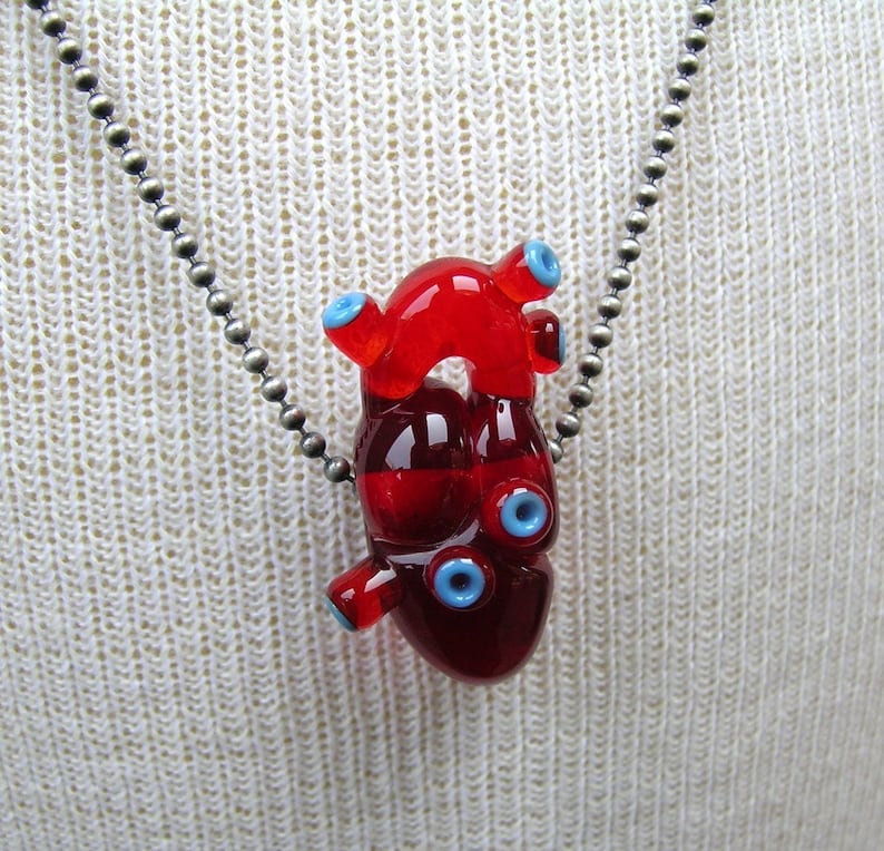 Custom Red Glass Heart Anatomical Heart Glass Bead Flameworked Wearable Art Handmade by Amy Bond