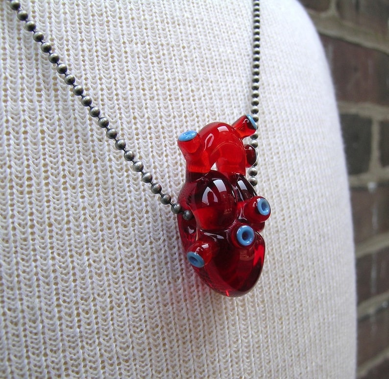 Custom Red Glass Heart Anatomical Heart Glass Bead Flameworked Wearable Art Handmade by Amy Bond