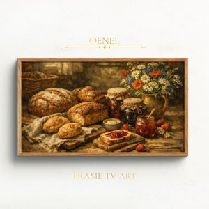 Un cuadro al óleo antiguo de pan recién horneado, mermeladas de frutas y un ramo.