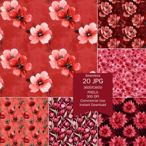 20 Red Watercolor Floral Digital Paper Set, Seamless Minimalist Flower Patterns, Instant Download Backgrounds for Scrapbooking and Crafts