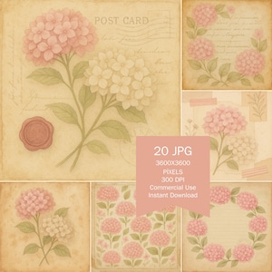 Hydrangea Watercolor Digital Paper Pack – Floral Junk Journal, Scrapbooking, Cards & Crafts, Instant JPG Download