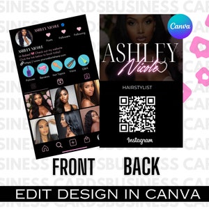 May include: A black and pink business card with the text "Ashley Nicole" in pink neon lettering. The card also includes a QR code and the text "Hairstylist" and "Instagram".