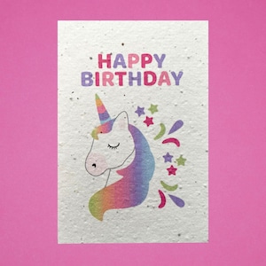 Carte de joyeux anniversaire licorne à planter - Peut être personnalisée - Contient de jolies graines de fleurs sauvages