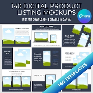 140 Etsy Listing Mockup Canva Editable Templates, Digital mockup bundle, Digital paper, Etsy Mockup Planners Journal, Drag and Drop Mockups