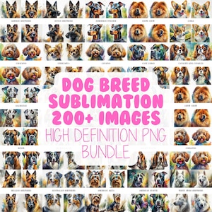 Plus de 200 races de chiens aquarelles, clipart sublimation design, chiens colorés, chiens mignons PNG, haute définition