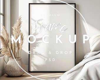 Vertical Frame Mockup PSD: Boho Bedroom Scene (Digital Download)