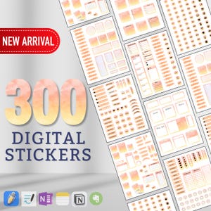 May include: A set of 300 digital stickers featuring a watercolor design in shades of pink and yellow. The stickers are perfect for planners, journals, and digital scrapbooking.