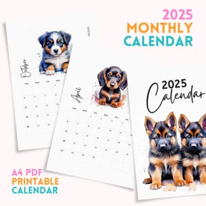 2025 Puppy Breeds Calendar: Watercolor Monthly Planner (A4 PDF)