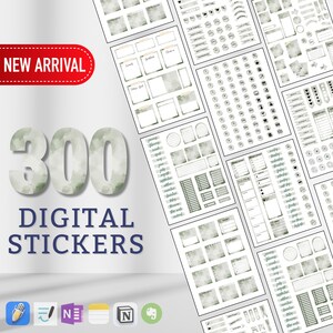 Può includere: Una collezione di 300 adesivi digitali con un design ad acquerello nei toni del verde e del grigio. Gli adesivi sono disposti su più fogli, con un banner "New Arrival". Il testo "Digital Stickers" è anch'esso visibile.