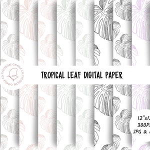 May include: Set of 12 digital papers featuring a tropical leaf pattern in various colors, including black, white, pink, green, and purple. The papers are 12 inches by 12 inches and 300 PPI.  The papers are available in JPG and PNG formats.