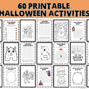 60 Kids Halloween Activities: Coloring Pages, Mazes, Word Puzzles (Printable PDF, Digital Download)