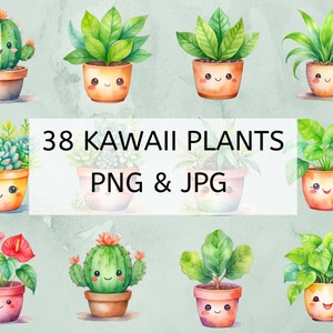 Ensemble PNG de jolies plantes kawaii : images animées aquarelles haute définition pour sublimation et créations manuelles
