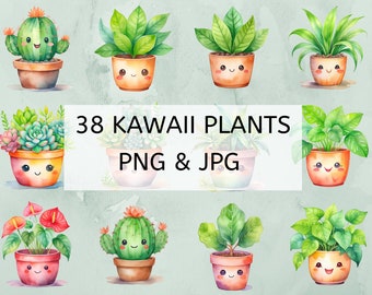 Kawaii Plant Clipart: Watercolor Animated Images (PNG & JPEG)