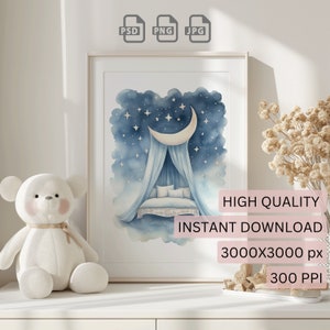 May include: A watercolor illustration of a blue and white canopy bed with a crescent moon and stars. The bed is on a cloud and the background is a blue sky with stars. The image is framed and displayed on a white shelf with a white teddy bear.