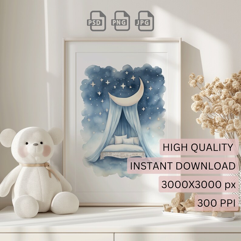 May include: A watercolor illustration of a blue and white canopy bed with a crescent moon and stars. The bed is on a cloud and the background is a blue sky with stars. The image is framed and displayed on a white shelf with a white teddy bear.