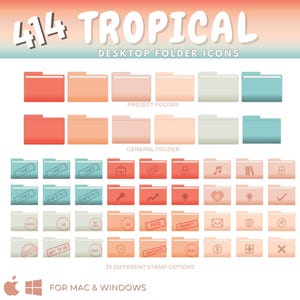 Puede incluir: Un conjunto de 33 iconos de carpeta con temática tropical para uso en el escritorio. Los iconos presentan una variedad de colores y diseños, incluyendo rosa, naranja, azul y verde. Los iconos están diseñados para los sistemas operativos Mac y Windows.