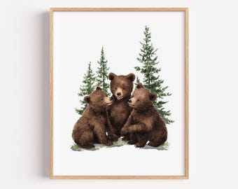 Stampa per cameretta con famiglia di orsi / Stampa murale con animali del bosco / Poster con cuccioli di orsetto / Decorazione per cameretta con tema foresta / Stampa con simpatici animali per la cameretta dei bambini
