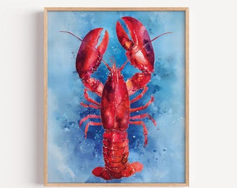 Watercolor Lobster Wall Art | Coastal Kitchen Decor | Nautical Beach House Print | Red Lobster Poster | Ocean Inspired Artwork