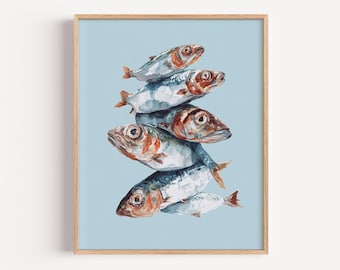Sardinen Druck, Bunte Fische Wand Kunst, Küsten Küche Dekor, Aquarell Sardinen Illustration, Nautisches Ozean Poster, Strand Haus Wand Kunst