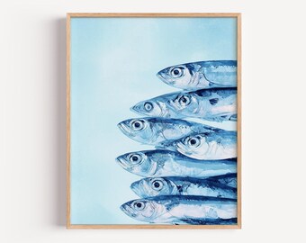 Watercolor Sardines Print, Blue Fish Wall Art Print, Coastal Ocean Poster, Watercolor Sardines Illustration, Beach House Decor, Nautical Art