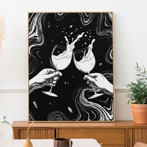 宇宙ワイン乾杯ポスター | 白黒ラインアートプリント | 天体ウォールアート | ミニマリスト装飾 | ワイン愛好家へのギフト、モダンアブストラクト、乾杯