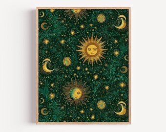 May include: A framed print featuring a celestial design with suns, moons, and stars on a dark green background. The suns and moons have faces, and the stars are gold. The print has a vintage, mystical aesthetic.