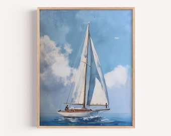 Sailboat Wall Art Print | Nautical Ocean Poster | Coastal Blue Sea Painting | Beach House Decor | Sailing Boat Artwork | Maritime Wall Art