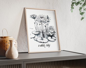 Art mural de naissance de nénuphar de juillet, impression d'affiche de cadre en bois clair, cadeau d'anniversaire, chambre de bébé personnalisée de jardin de grand-mère