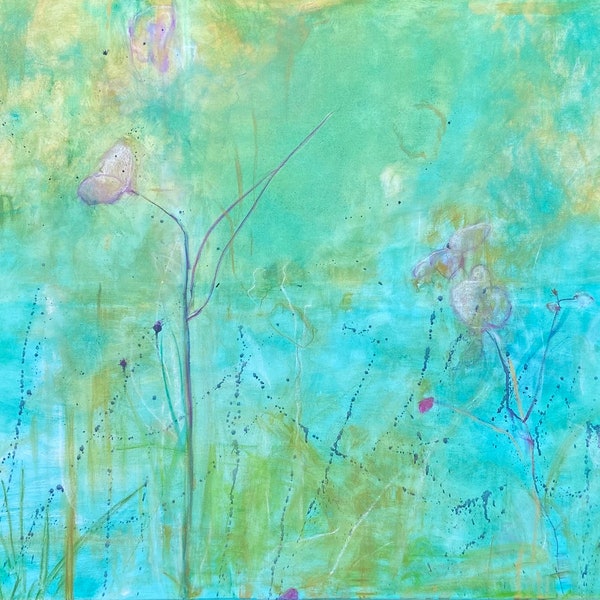 Turquoise Blue Green Pink Floral Abstract Painting