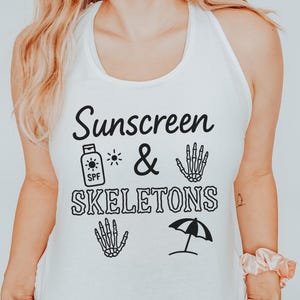 Sunscreen Skeletons Tank Top, Spooky Beach, Halloween Tank, Summerween Outfit, Funny Sarcastic, Summer Top, Beach Party Top