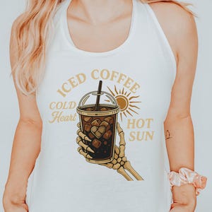 Iced Coffee Skeleton Hand Tank Top, Summerween Shirt, Spooky Season Top, Halloween Beach Party Tank, Gothic Coffee Lover Gift Idea