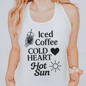 Iced Coffee Cold Heart Tank Top, Hot Sun Tee, Summerween Apparel, Spooky Season Gift, Beach Party Outfit, Halloween Tank