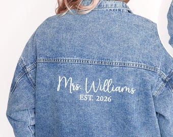Custom Bridal Denim Jacket, Personalized Bride Jacket, Mrs Last Name Jean Jacket, Wedding Jacket, Bachelorette Jacket, Newlywed Coat
