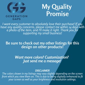 Puede incluir: Un gr&aacute;fico turquesa y blanco con el texto "My Quality Promise" y el logotipo "Generation Gaps". El texto incluye una garant&iacute;a de satisfacci&oacute;n del cliente, una llamada a ver otros listados y una exenci&oacute;n de responsabilidad sobre las variaciones de color.