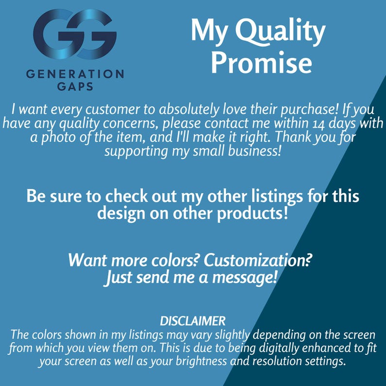 Puede incluir: Un gr&aacute;fico turquesa y blanco con el texto "My Quality Promise" y el logotipo "Generation Gaps". El texto incluye una garant&iacute;a de satisfacci&oacute;n del cliente, una llamada a ver otros listados y una exenci&oacute;n de responsabilidad sobre las variaciones de color.
