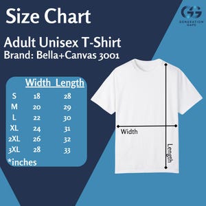 Puede incluir: Camiseta unisex para adultos blanca Bella+Canvas 3001 con una tabla de tallas. La tabla muestra las medidas de ancho y largo en pulgadas para las tallas S a 3XL. La camiseta se muestra sobre un fondo azul.