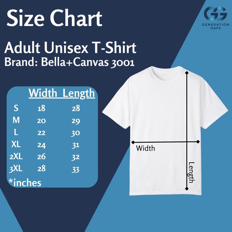 Puede incluir: Camiseta unisex para adultos blanca Bella+Canvas 3001 con una tabla de tallas. La tabla muestra las medidas de ancho y largo en pulgadas para las tallas S a 3XL. La camiseta se muestra sobre un fondo azul.
