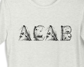 Leftist T-Shirt: Woodland ACAB | Unisex All Cops are Bastards Antique Rustic Victorian Penwork with Birds, Anti-Capitalist