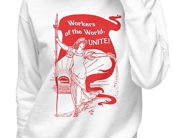 Leftist Fleece Sweatshirt: Workers of the World, Unite! | Unisex Walter Crane Style Retro Socialist Anti-Capitalist Pro-Labor